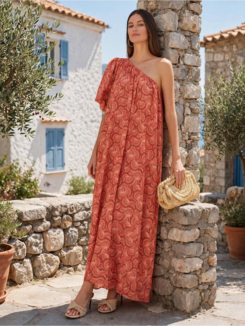 Valeria Dress LoboRosa One-Shoulder Coral Print Maxi Dress size Medium.